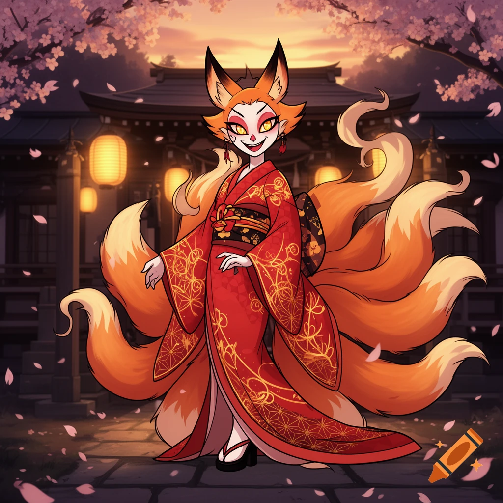 A cheerful, stylized kitsune in a red kimono with gold patterns and multiple tails stands before a Japanese temple at dusk.