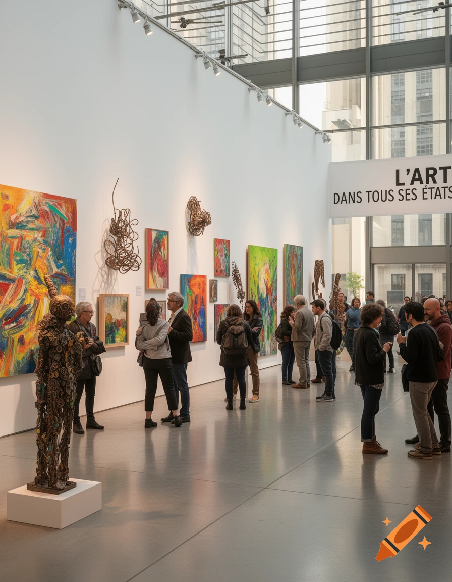 A crowded modern art gallery with colorful abstract paintings and a metal sculpture, featuring a large banner "L'ART DANS TOUS SES ÉTATS".