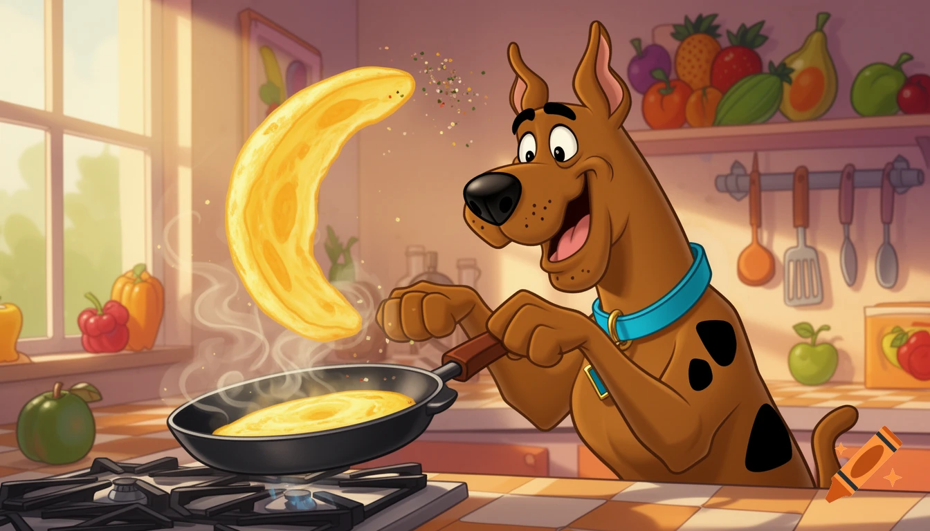 Scooby Doo happily flips a large omelet in a pan on a stove in a bright cartoon kitchen.