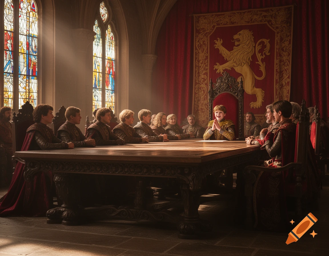 A young boy, Tommen, sits smiling at a long table in a grand, sunlit hall with stained glass windows and a red banner depicting a golden lion, surrounded by people in period attire.
