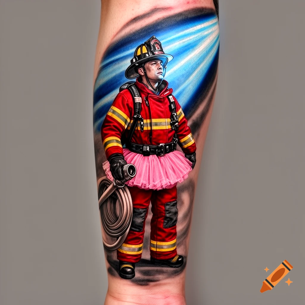 Vibrant tattoo on an arm depicting a male firefighter in a red suit and pink tutu, holding a coiled hose, against a blue and black abstract background.