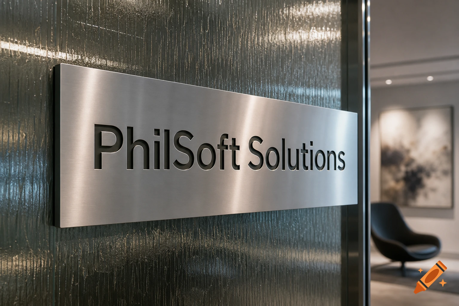 Close-up of a brushed metal sign reading "PhilSoft Solutions" on a textured wall, with a blurred modern office interior in the background.