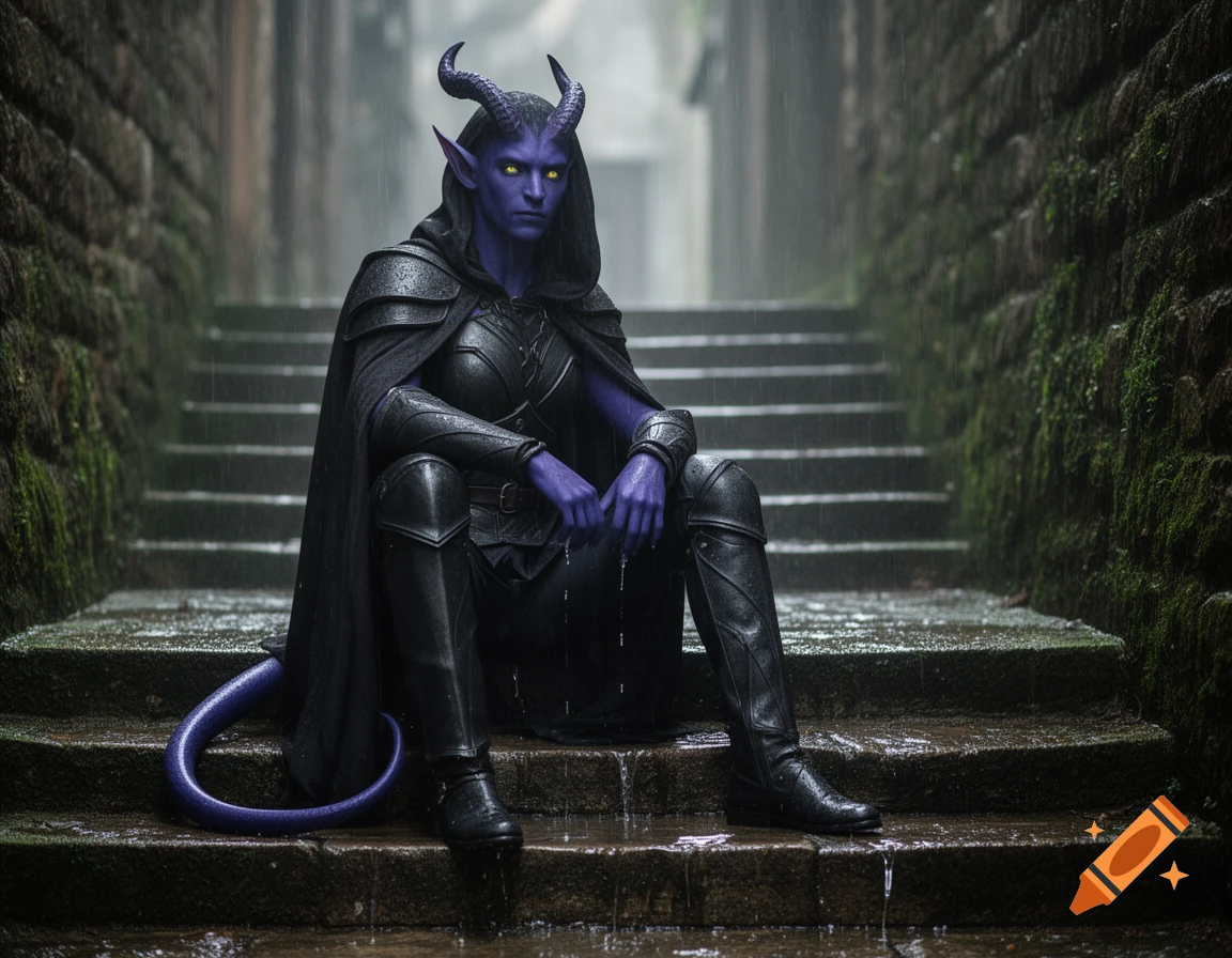 A blue-skinned rogue tiefling with horns and a dark cloak sits on mossy stone steps in the rain.