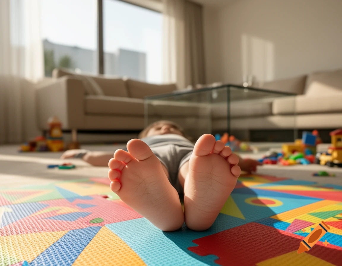 A baby lies on a colorful playmat with their feet in the foreground, surrounded by toys in a sunny living room.