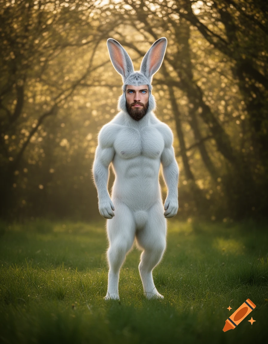 A muscular anthropomorphic rabbit with a bearded human face stands in a sunlit forest clearing.