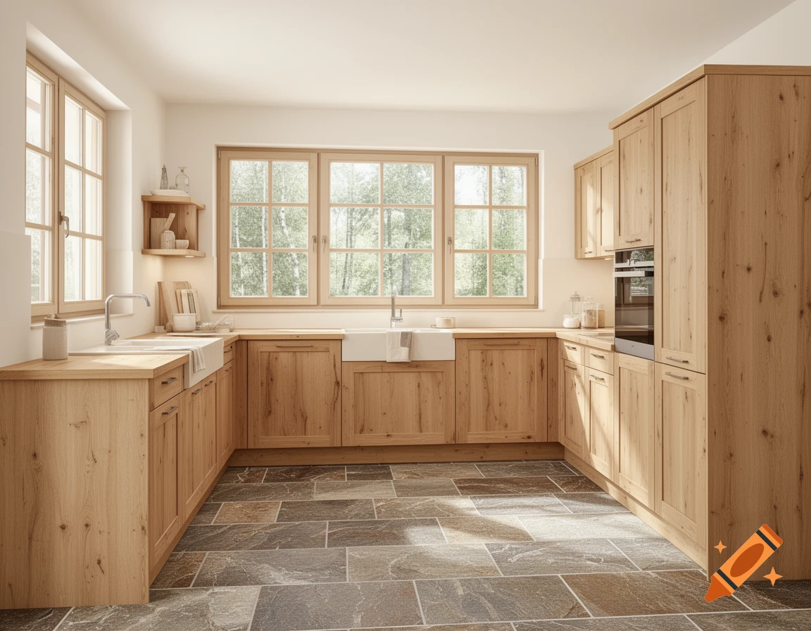 A modern kitchen with light wood cabinetry, stone floor tiles, a farmhouse sink, and large windows looking out onto lush trees.