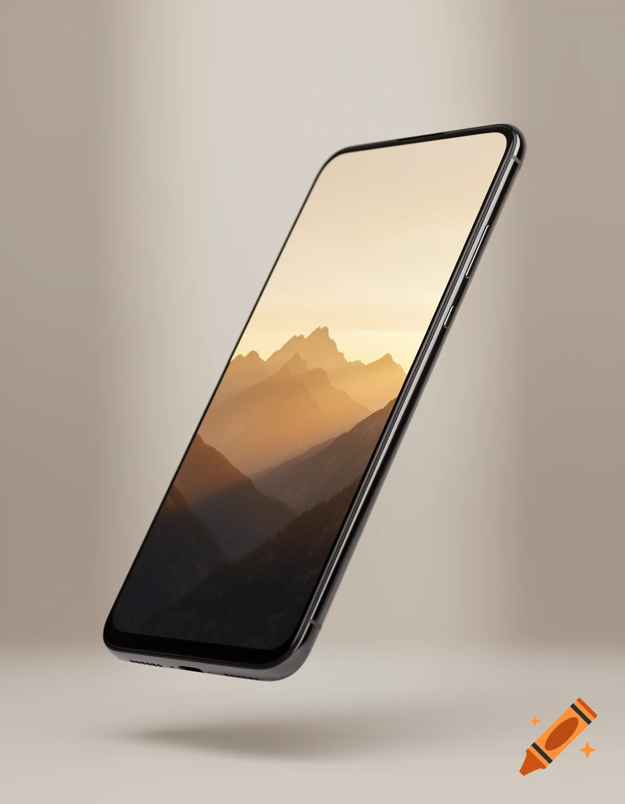A black smartphone floats diagonally, displaying a warm-toned mountain landscape wallpaper against a soft beige background.