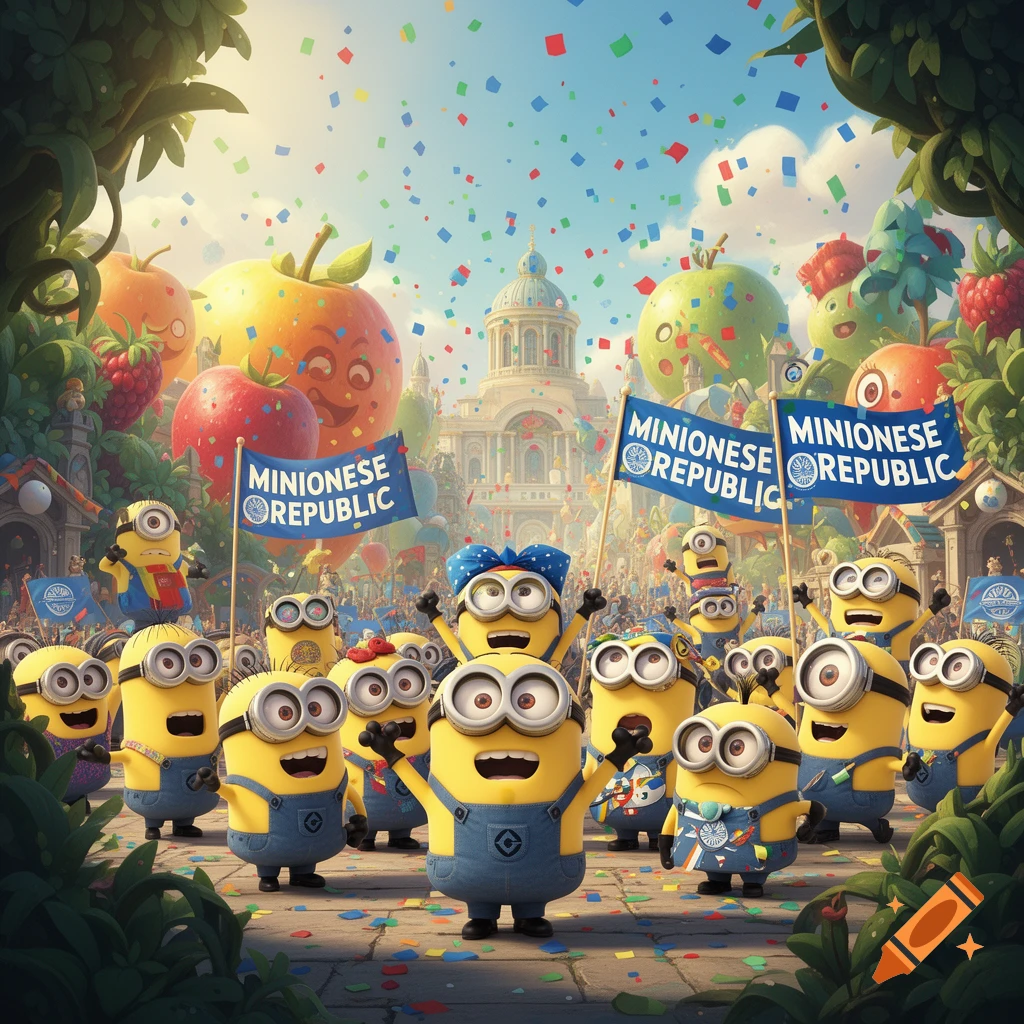 A cheerful parade of Minions holding 'Minionese Republic' flags, with confetti, smiling fruits, and a grand building in the background.