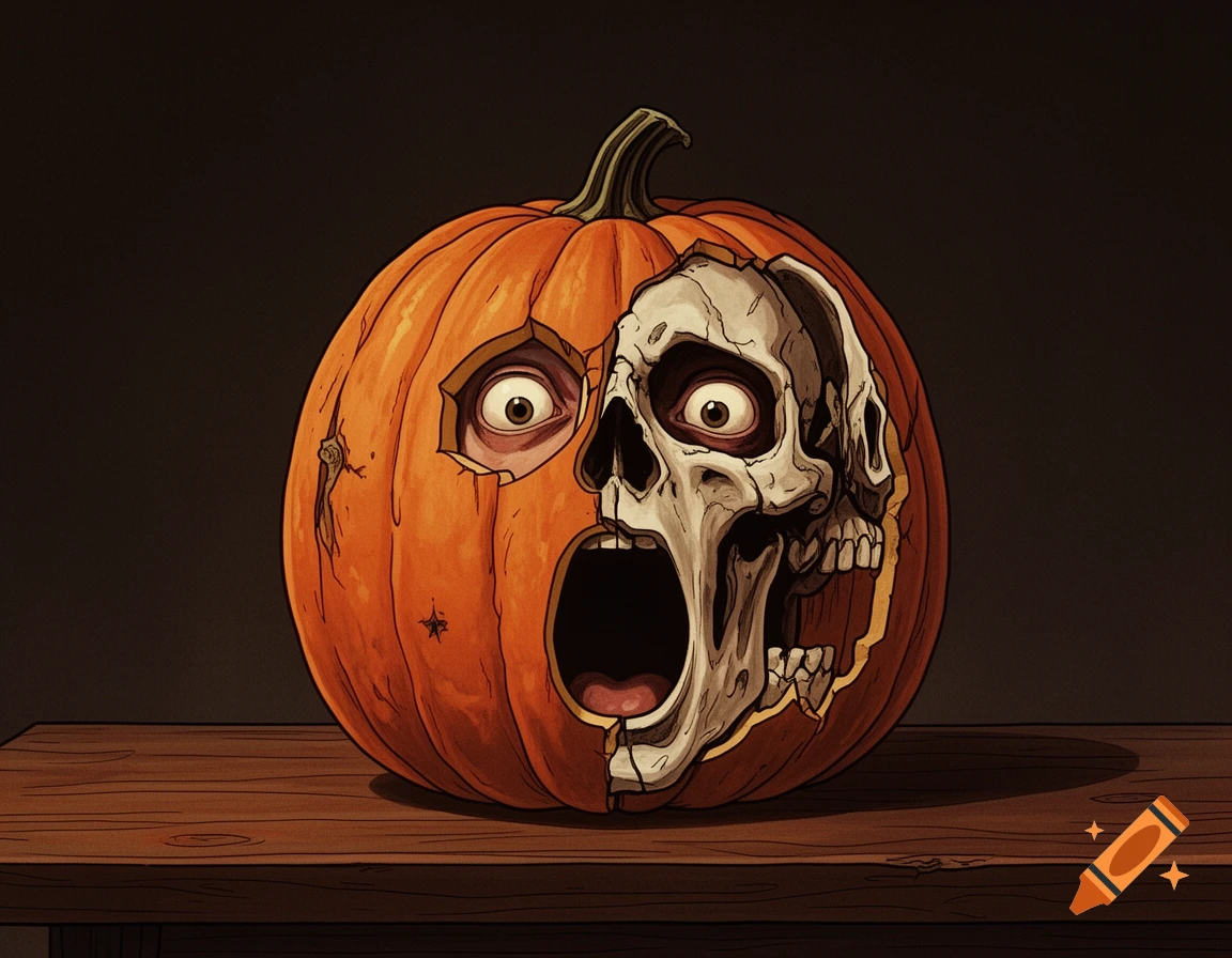 An eerie illustrated pumpkin on a wooden table, its face transforming into a screaming skull with wide, frightened eyes, in a vintage horror poster style.