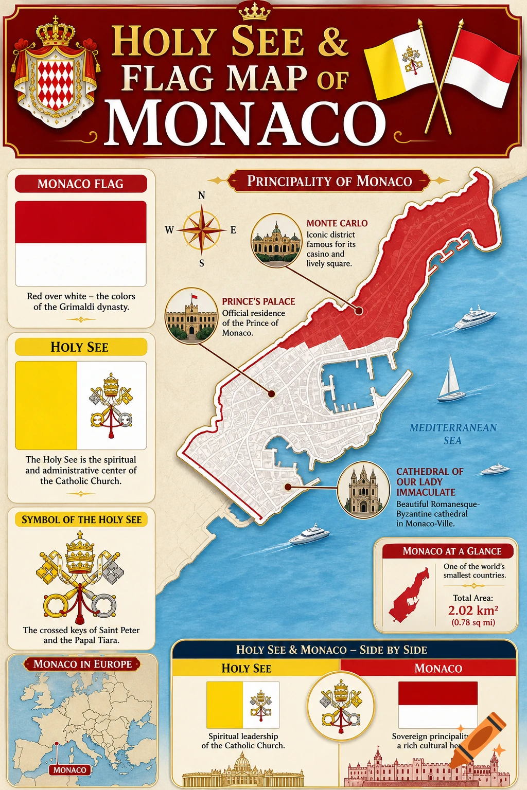 Detailed infographic and flag map of Monaco and the Holy See, showing geographical features, symbols, and facts.