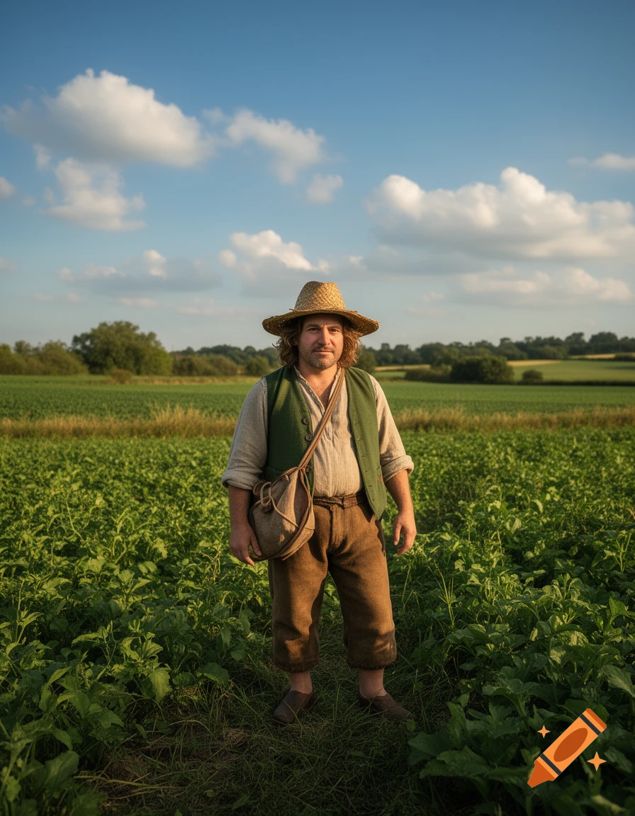 A man in a straw hat and rustic clothes stands in a green field under a blue sky, holding a satchel, resembling a hobbit farmer.