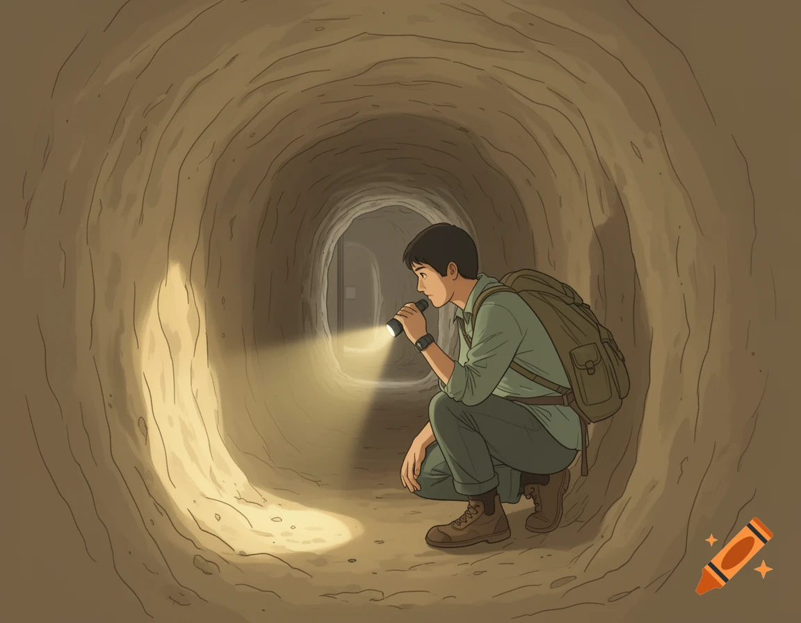 An illustrated person with a backpack and flashlight crouches in a dark, earthy tunnel, exploring.
