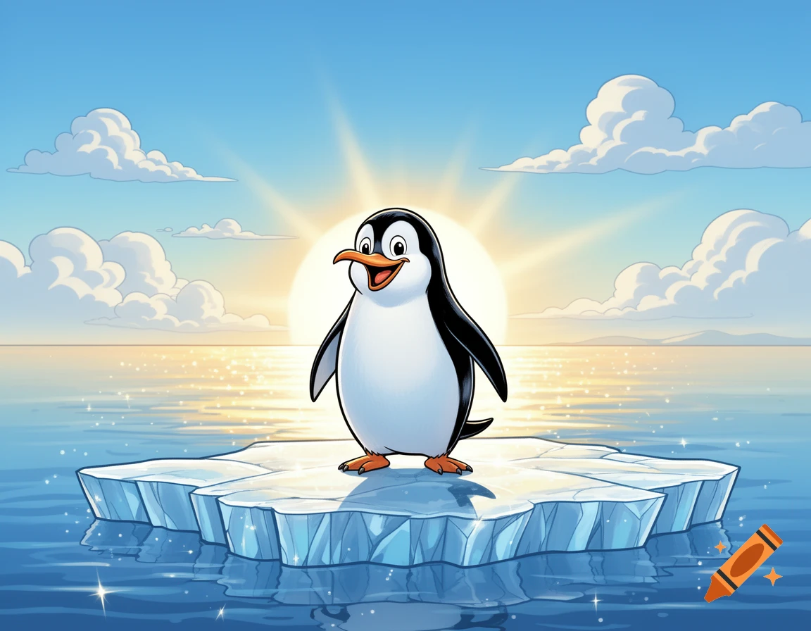 A happy cartoon penguin stands on an ice floe in a sunny ocean with clouds in the sky.
