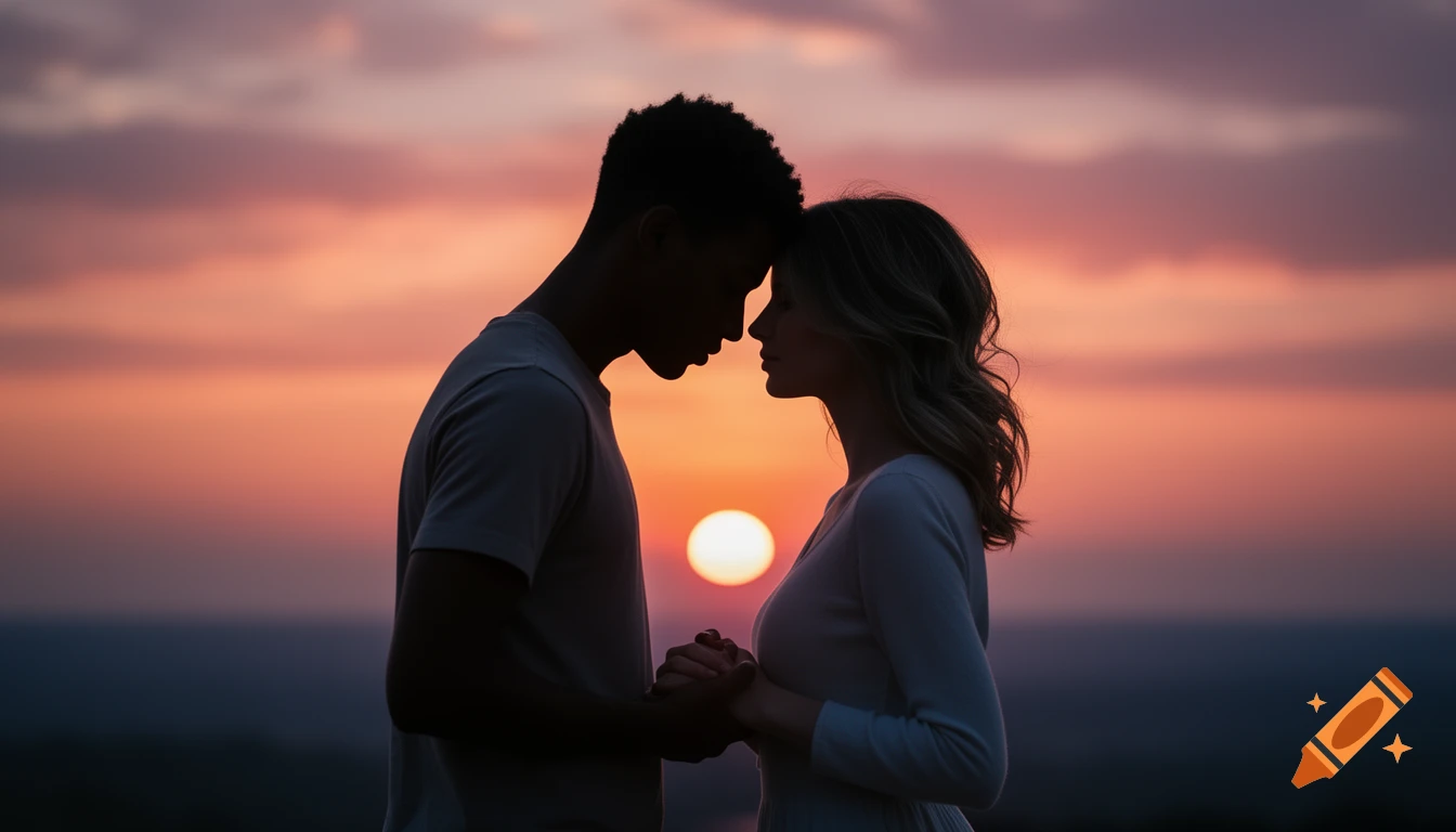 Photorealistic silhouette of a multiracial couple touching foreheads and holding hands against a vibrant sunset.