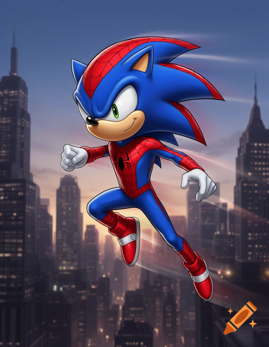Cartoon Sonic the Hedgehog in a Spider-Man suit leaps through a city skyline at dusk.