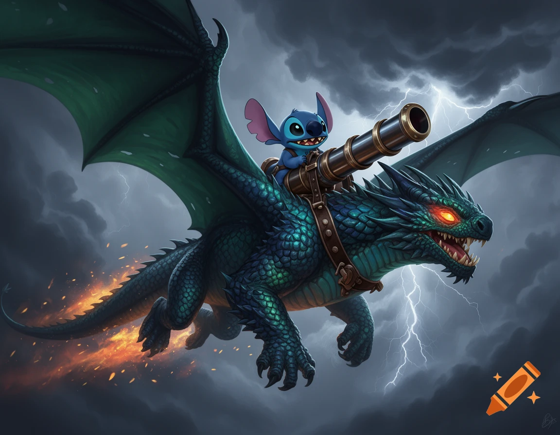 A detailed illustration of Stitch riding a menacing green dragon with a cannon through a stormy sky with lightning.