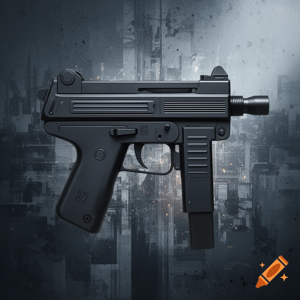 Photorealistic black Uzi submachine gun against a dark, textured urban background.