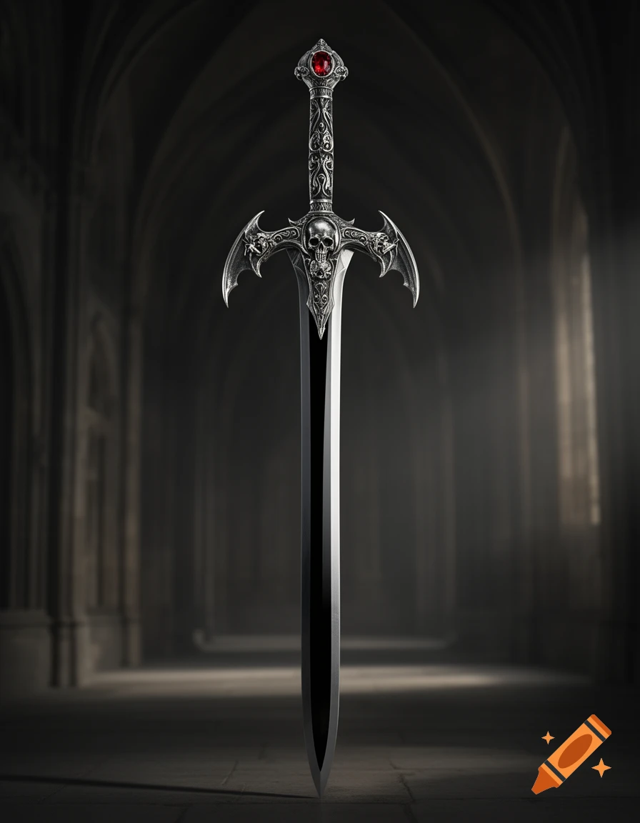 A detailed gothic sword with a skull-decorated hilt and red gem, standing in a dark, atmospheric castle hallway.