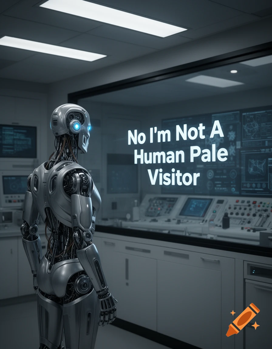 A silver robot with blue glowing eyes stands in a futuristic laboratory, looking at a screen with the text 'No I'm Not A Human Pale Visitor'.
