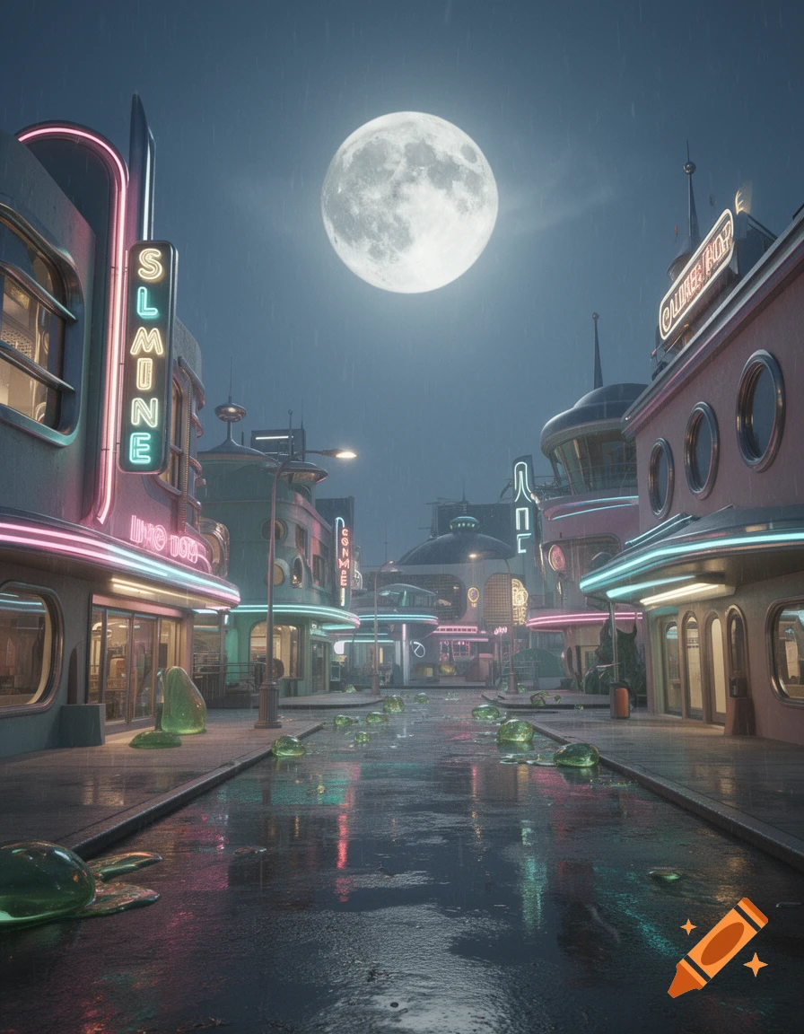 A retro-futuristic cityscape at night with a full moon, neon signs, and green slime on wet streets reflecting the lights under falling rain.
