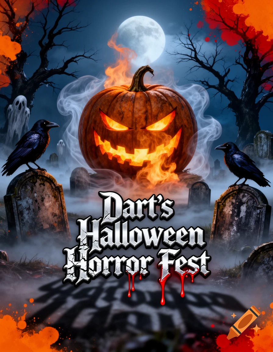 Spooky Halloween poster with a flaming jack-o'-lantern, gravestones, crows, ghosts, and 'Dart's Halloween Horror Fest' text under a full moon.