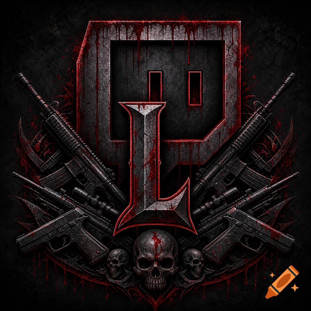 A dark, bloody Twitch-style logo featuring a central 'L' letter, two assault rifles, two pistols, and three skulls against a black textured background.