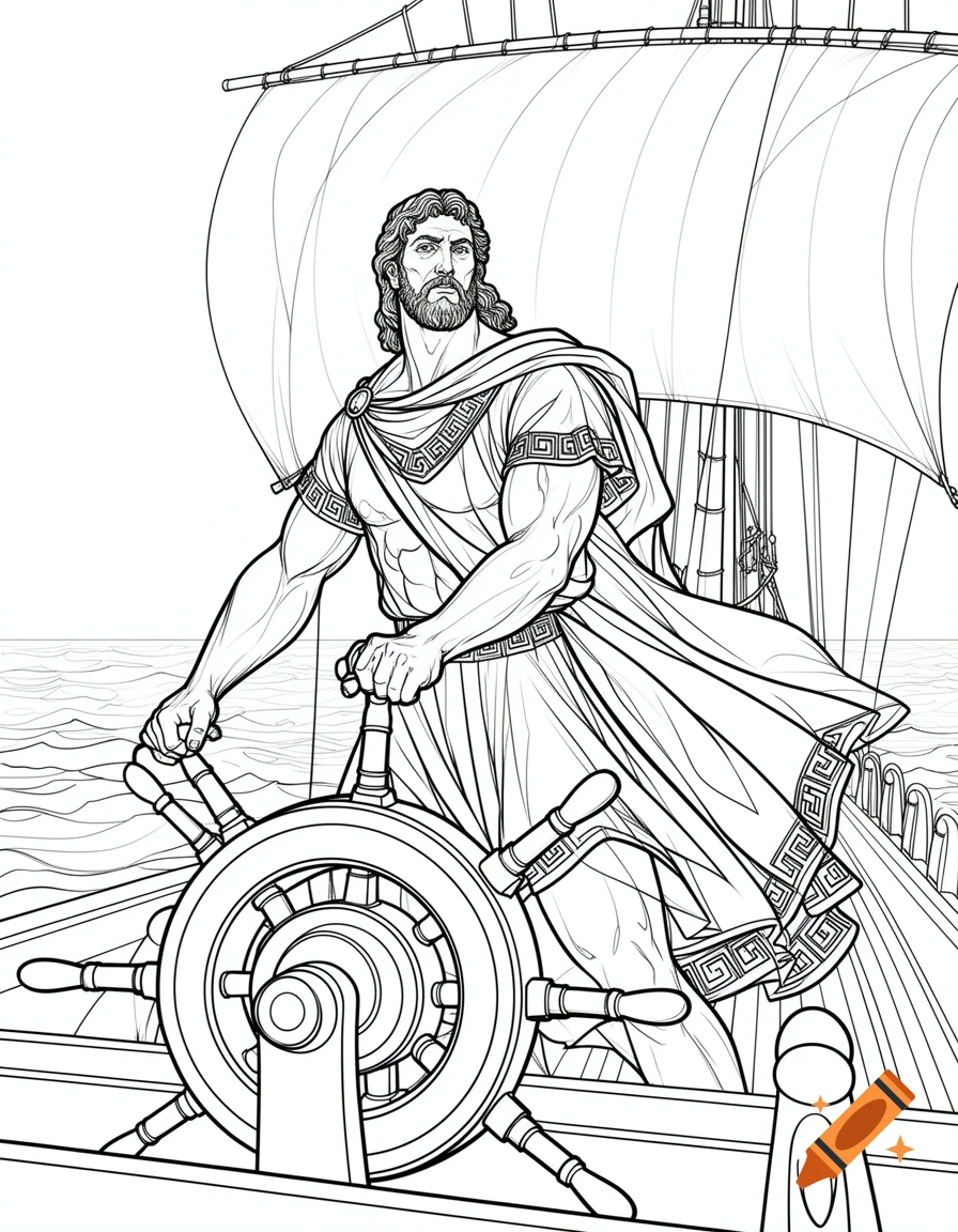 Line art drawing of a muscular ancient Greek mariner with a beard, steering a ship at sea with sails in the background.