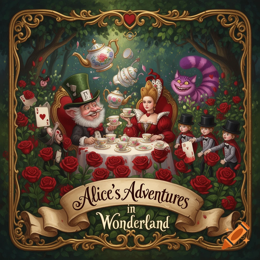 An ornate, framed illustration of the Mad Hatter's tea party, with the Mad Hatter, Queen of Hearts, and three card painters. The Cheshire Cat grins from above. A banner reads "Alice's Adventures in Wonderland" amidst a bed of red roses.