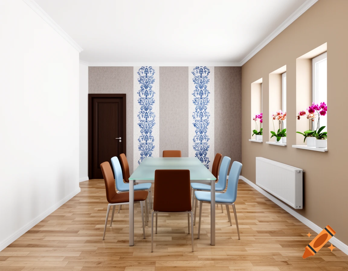 A modern dining room with a light brown click parquet floor. A white ceiling and a white left wall with a dark brown door. The right wall is sand-beige with three small vertical windows, each holding an orchid. A white radiator is beneath the windows. The back wall features a greyish wallpaper with two vertical blue ornamental strips. A frosted glass table with brown chairs at the ends and light blue chairs on the sides, all with metal legs.