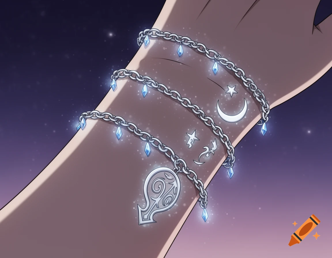 A stylized hand wearing multiple silver chains with blue crystal drops and various charms, including a moon, stars, and an ornate pendant, against a starry purple background.