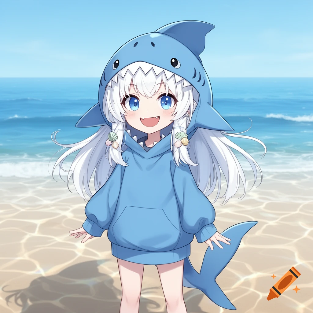 An anime girl with white hair and blue eyes, smiling and wearing a blue shark hoodie, stands on a sunny beach with the ocean.