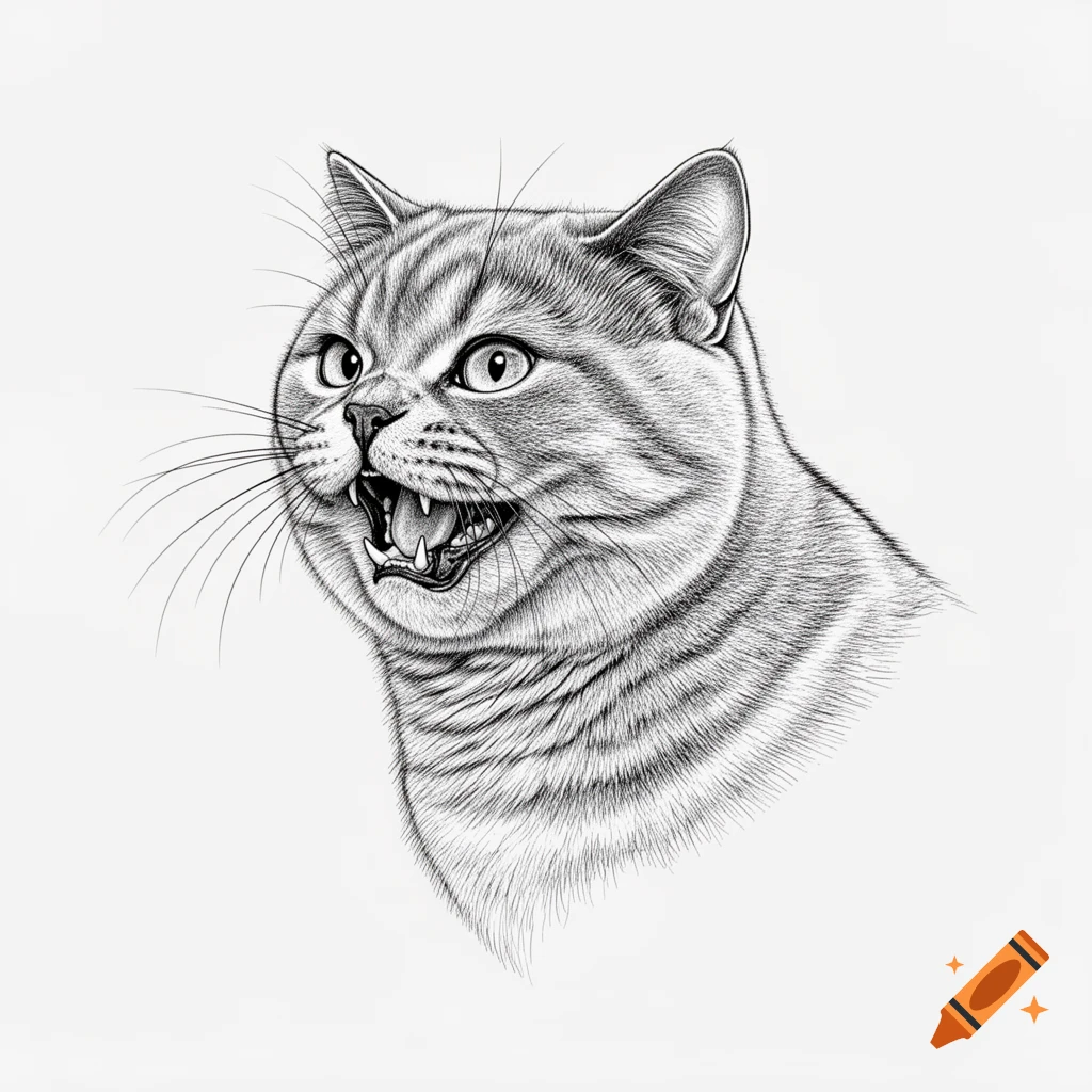 A black and white fineline drawing of a British Shorthair cat's head, snarling with an open mouth, looking slightly to the side on a white background.