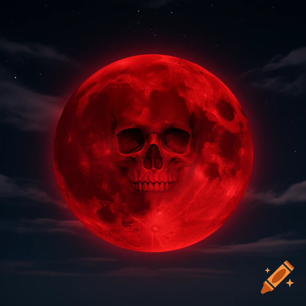 A blood-red full moon with a skull face embedded in its surface, against a dark, starry night sky.