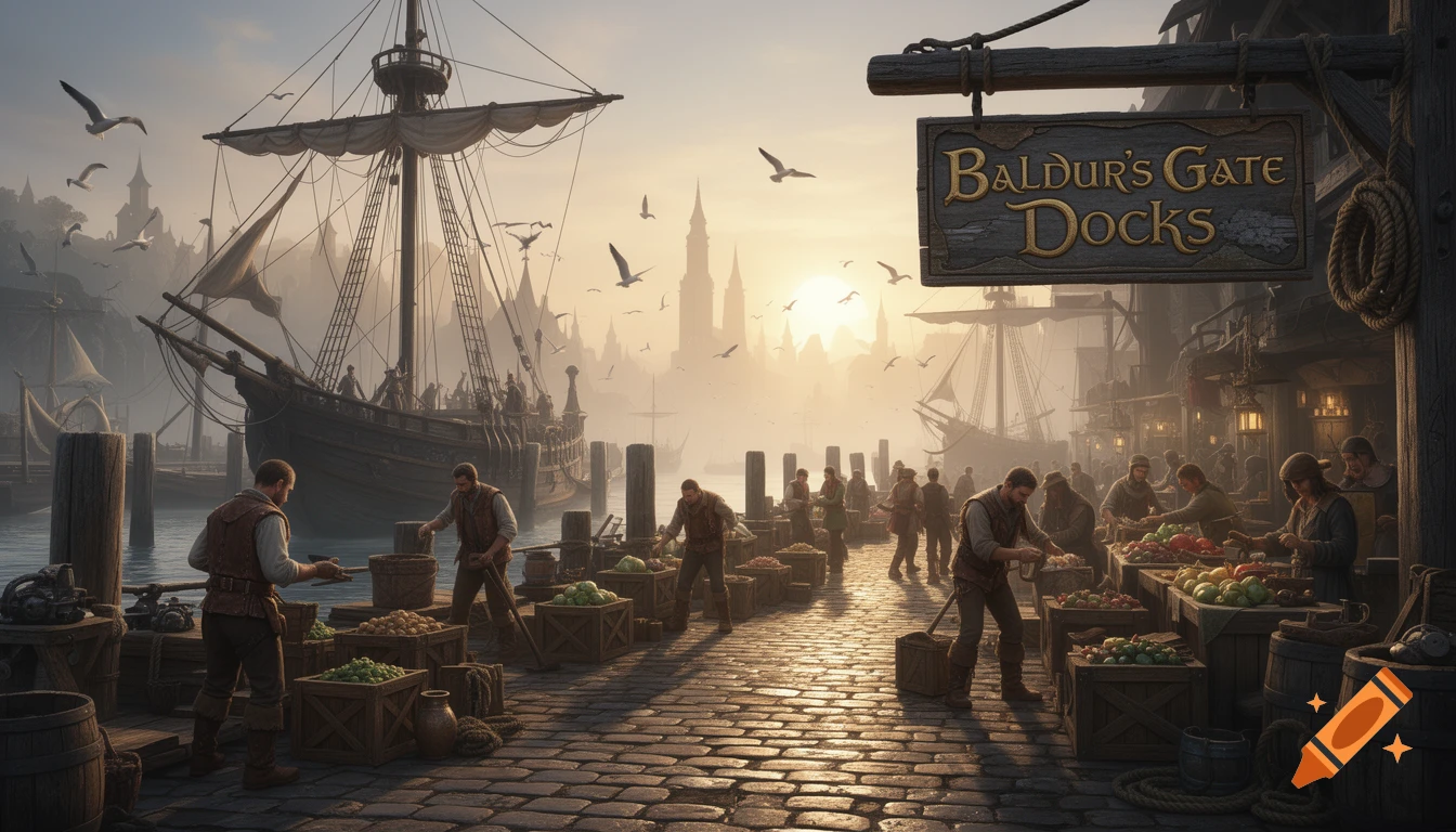 A bustling fantasy dock scene at sunset with large ships, market stalls, and a sign reading 'Baldur's Gate Docks'.