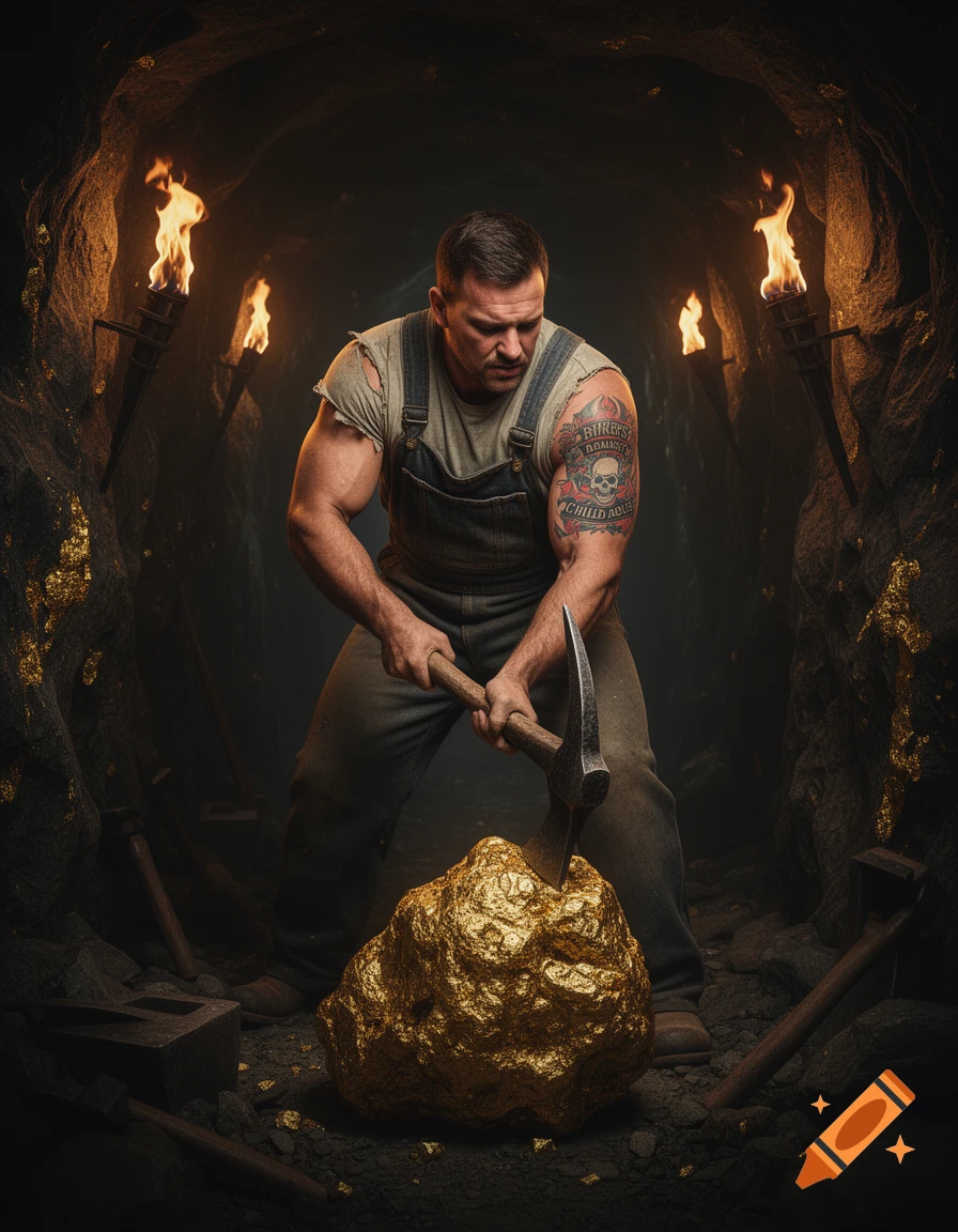 A strong gold miner strikes a large gold nugget with a pickaxe in a dark underground tunnel lit by torches, photorealistic style.