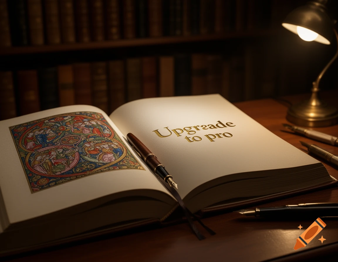 An open book on a desk displays 'Upgrade to pro' and a colorful illustration, with a fountain pen, desk lamp, and bookshelves in the background.
