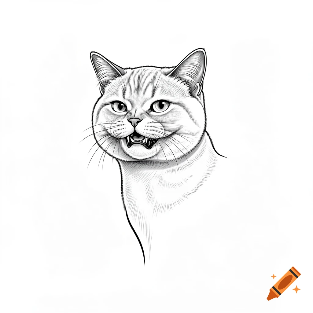 Black and white fineline illustration of a snarling British Shorthair cat's head.