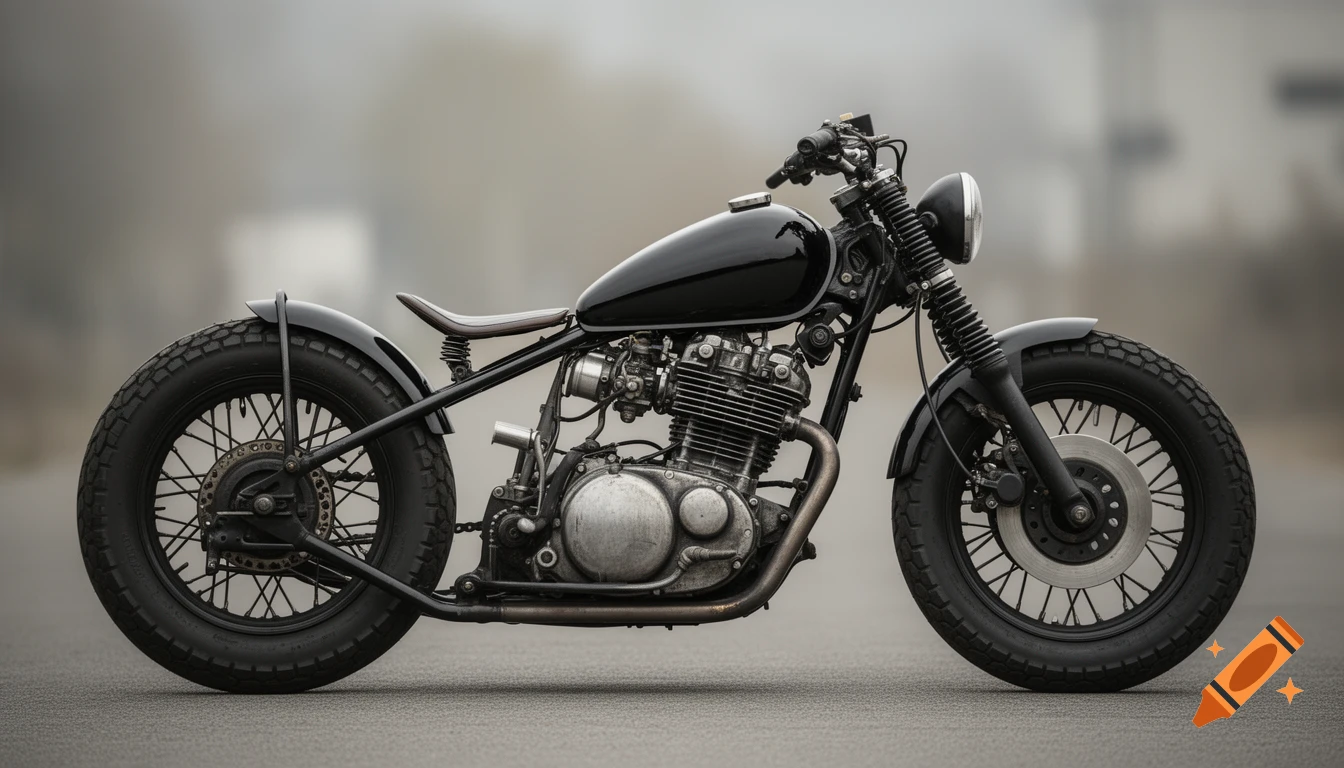 Side view of a black custom bobber-style motorcycle with a peanut tank and a solo seat, on asphalt with a blurred, foggy background.