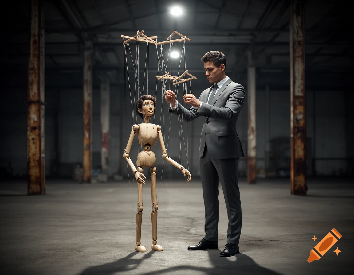 A man in a suit manipulates a wooden puppet with strings in a dimly lit, industrial-looking warehouse.