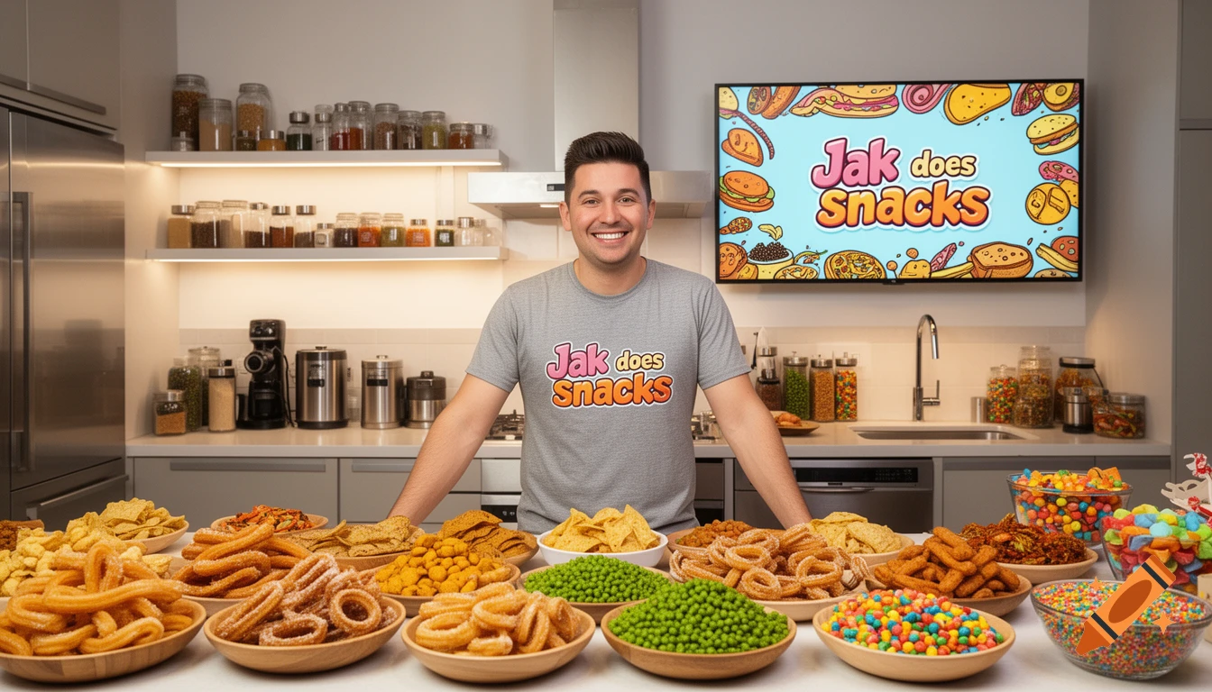 A smiling man stands behind a table overflowing with snacks like churros, chips, and candies, in a modern kitchen with a TV screen showing 'Jak does Snacks'.