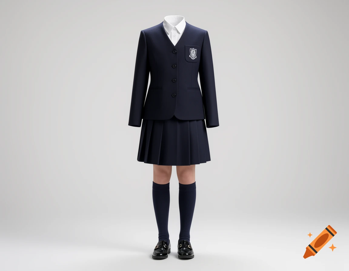 A navy blue school uniform featuring a blazer with a crest, a white collared shirt, a pleated skirt, knee-high socks, and black loafers, against a light gray background.