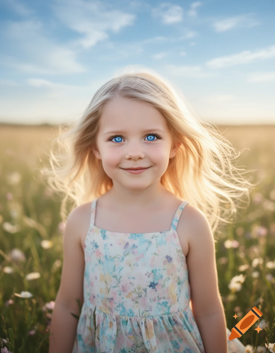 A smiling blonde girl with vibrant blue eyes stands in a sunny field of wildflowers.