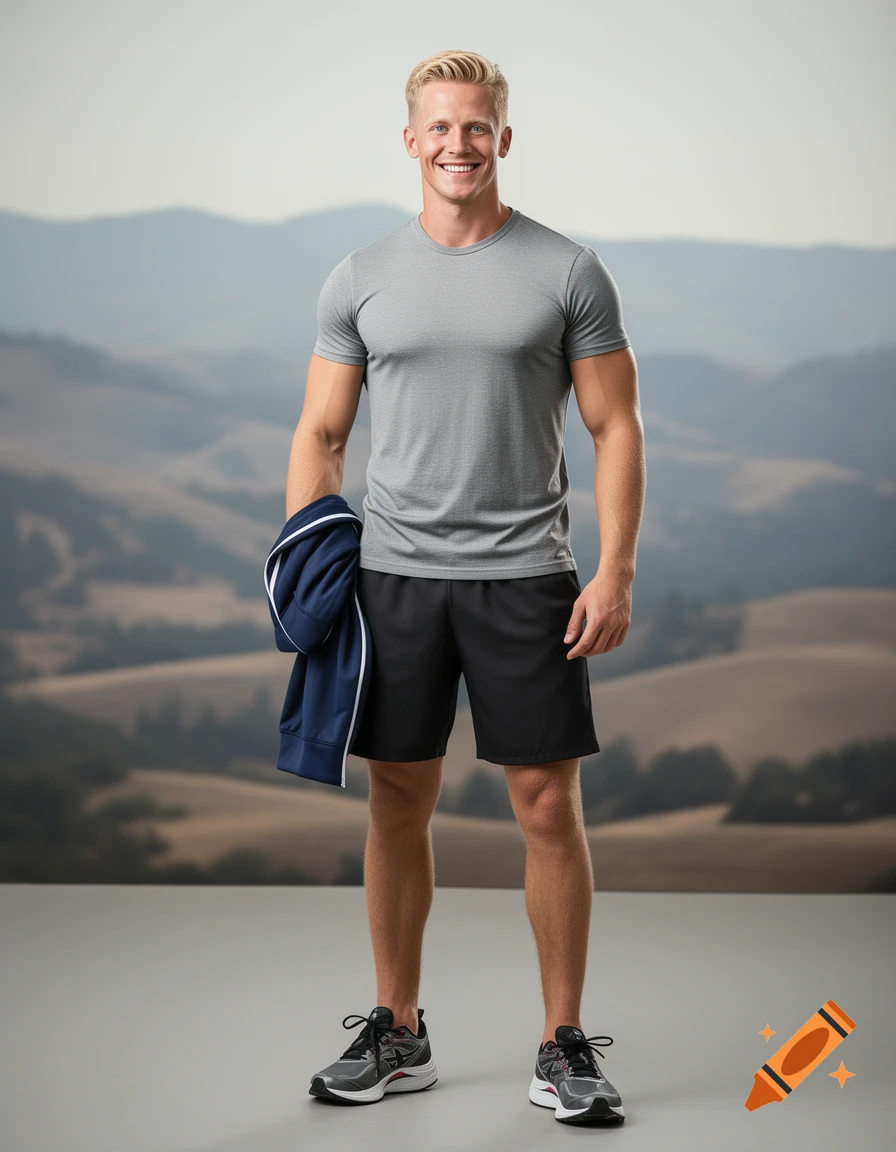Smiling blonde white male in a grey t-shirt, black shorts, and athletic shoes, holding a blue jacket, standing against a blurry mountainous background.