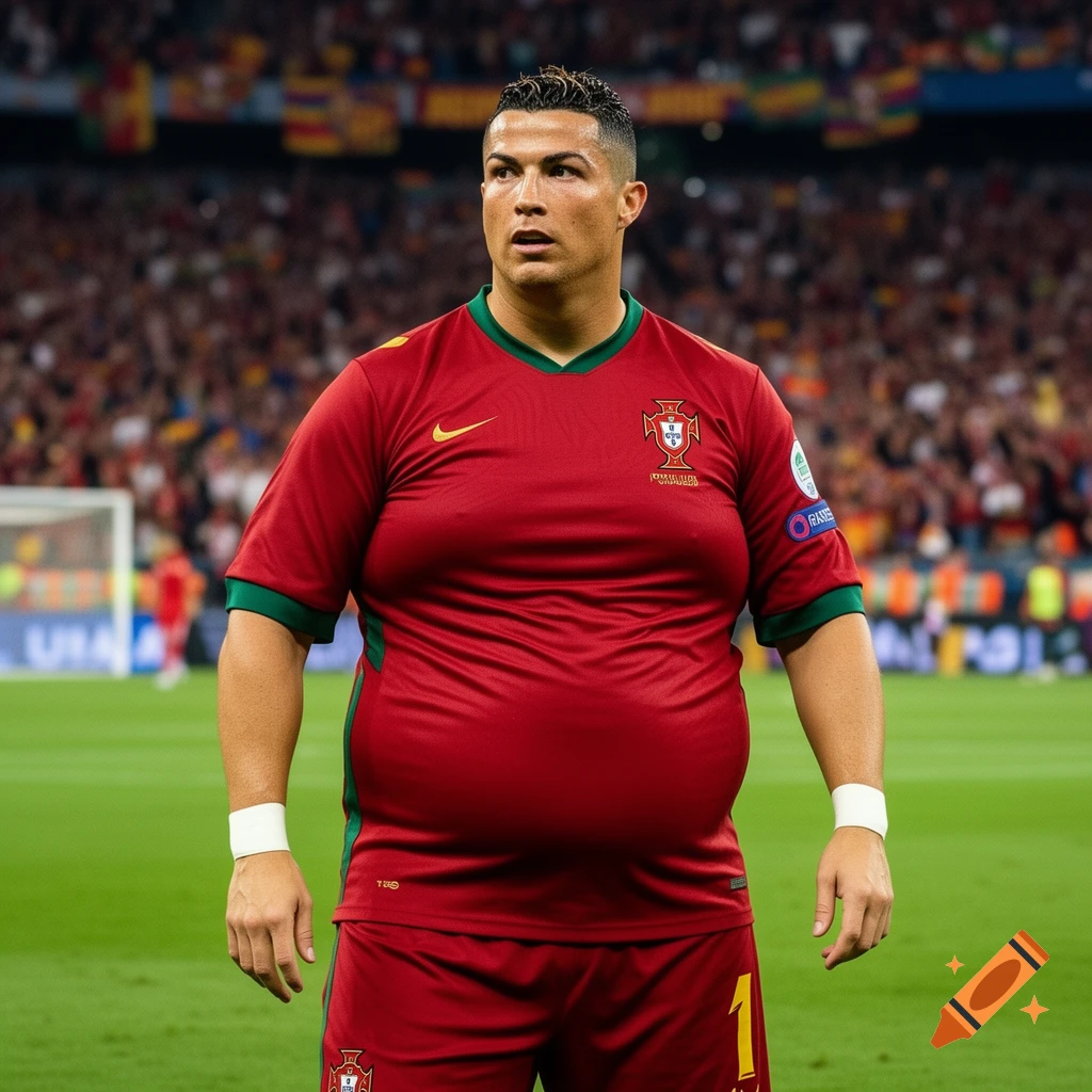 Obese Cristiano Ronaldo in a red Portugal football jersey stands on a stadium pitch, looking serious.