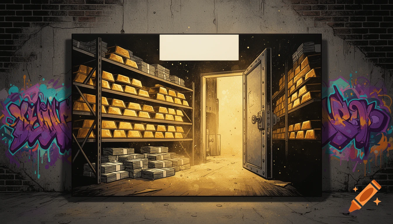 Comic book style painting of a hidden stash room with shelves of gold bars and stacks of cash, behind a graffiti-covered brick wall. A heavy steel door stands open, glowing with warm light.