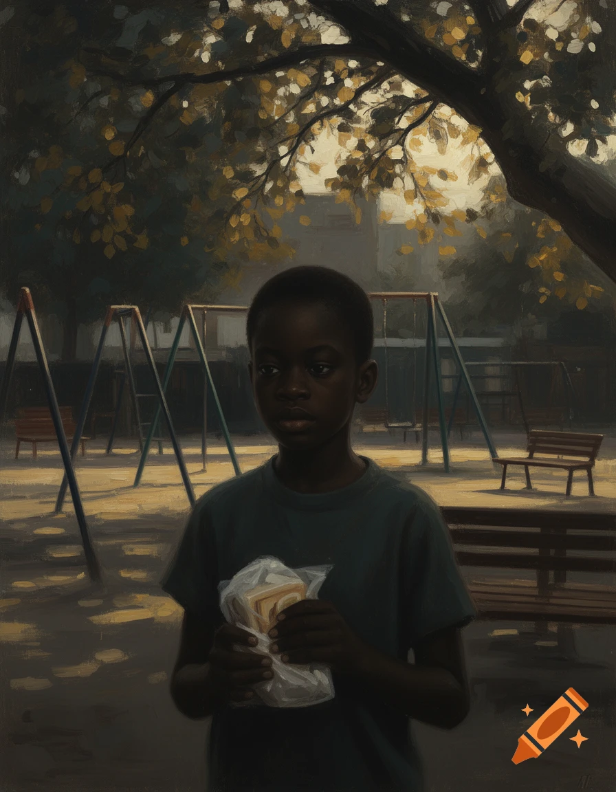 Painterly portrait of a young Black boy holding a sandwich in a dim playground under a tree.