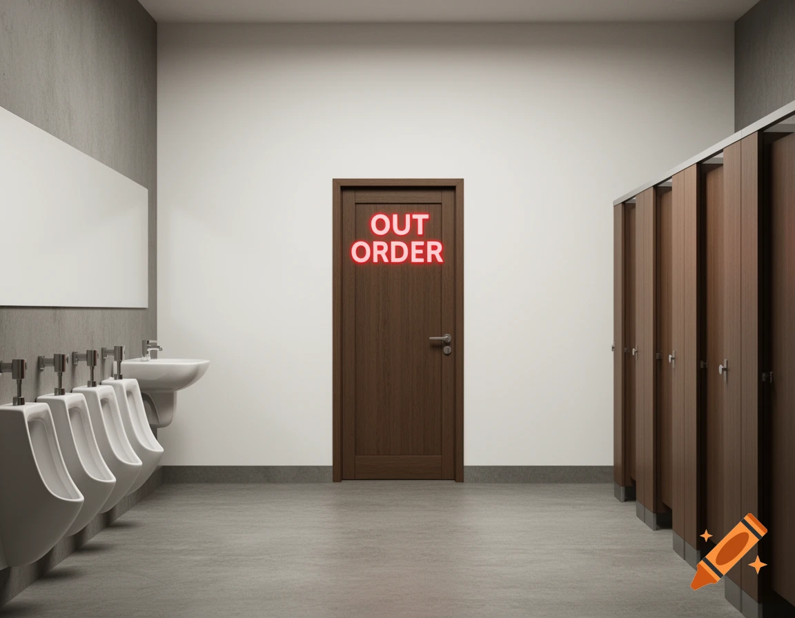 A clean public men's restroom with a row of urinals and a sink on the left, and several stalls on the right. A brown door in the center has a glowing red "OUT ORDER" sign.