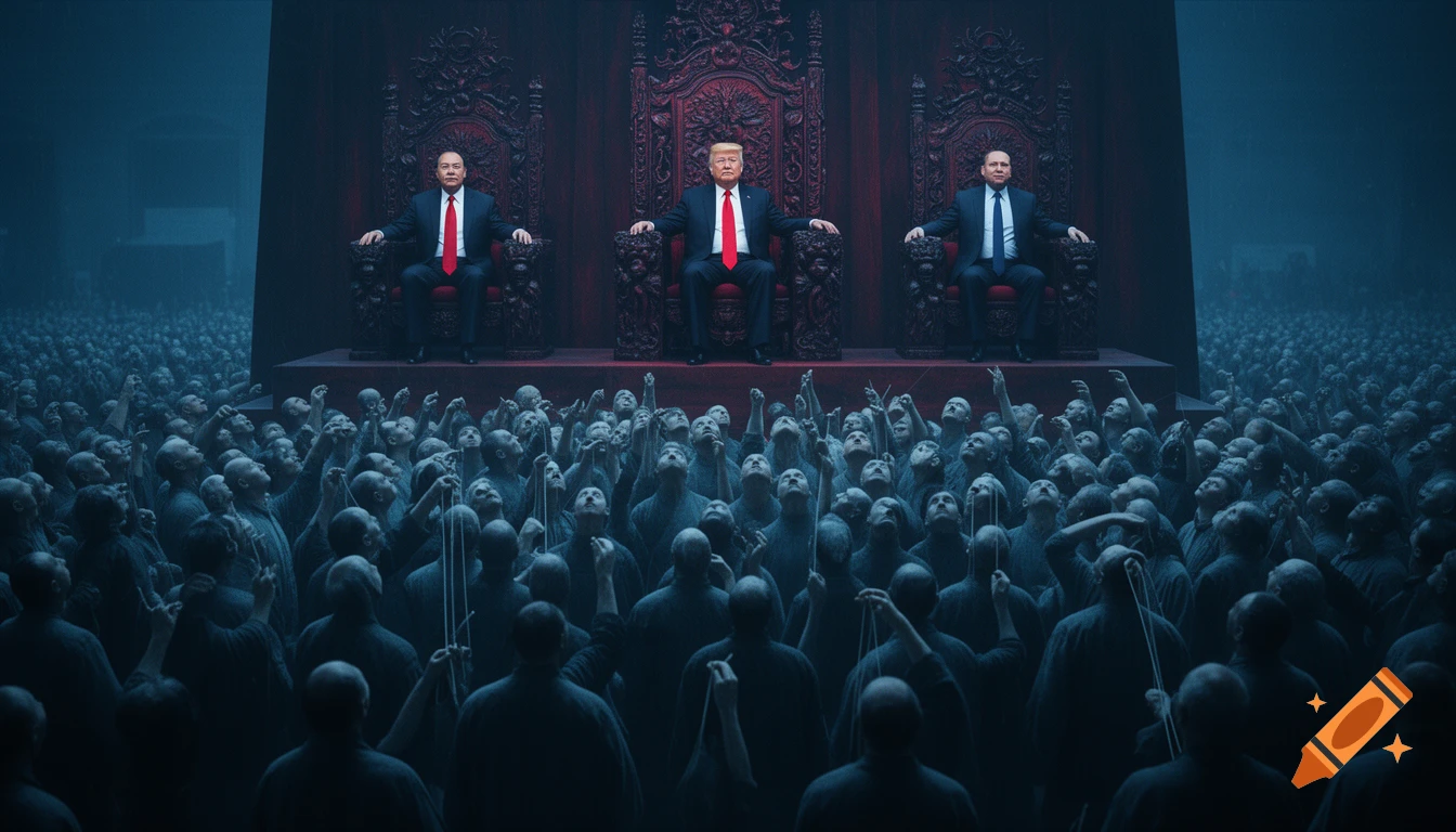 Donald Trump, Xi Jinping, and Vladimir Putin on ornate thrones above a large crowd holding puppet strings, in a dark, dramatic, cinematic style.