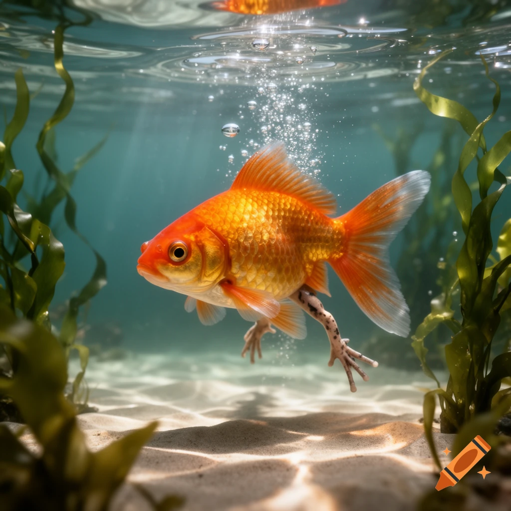 Photorealistic goldfish with frog legs swimming underwater, surrounded by seaweed and sand.