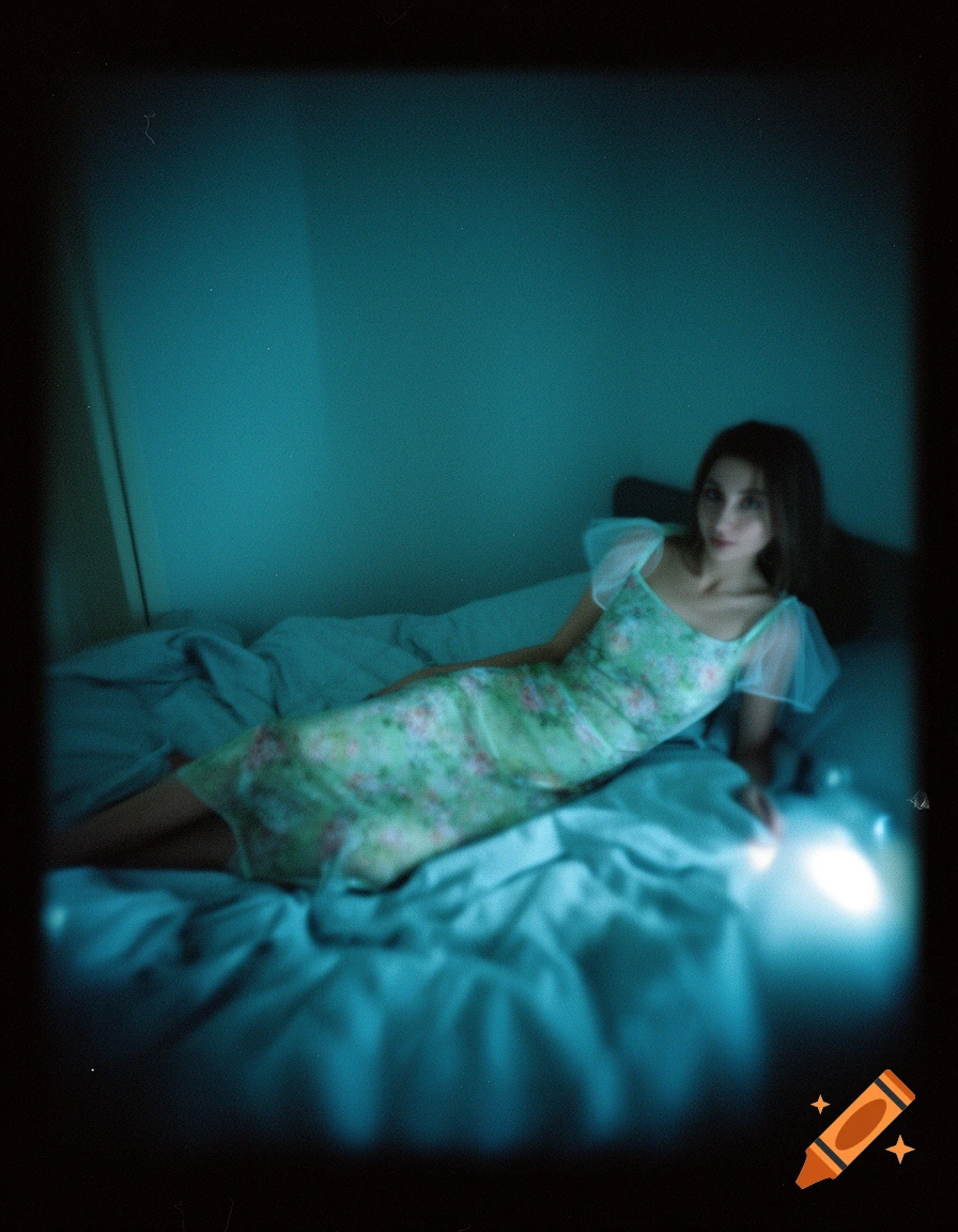 A young woman in a green floral dress lies on a bed, captured with a blurry, grainy, low-light vintage film aesthetic.